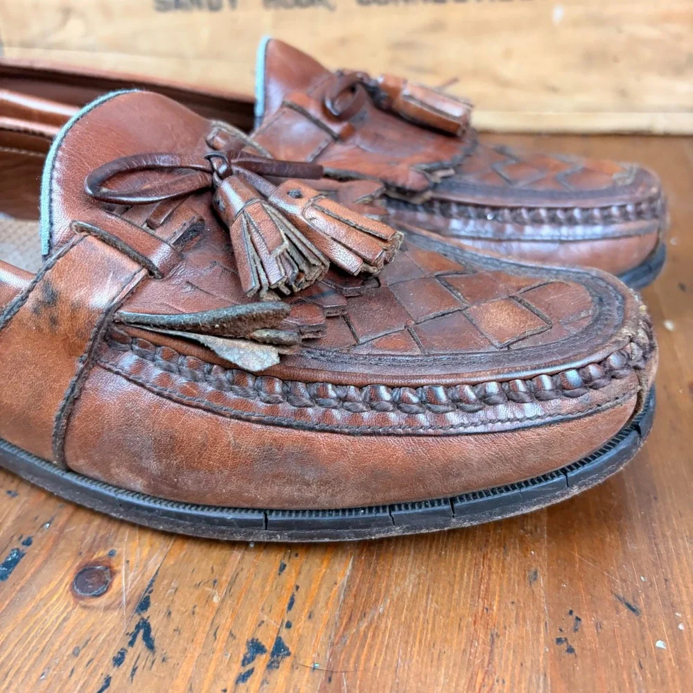 Vintage Brown Leather Woven Kiltie Tassel‎ Loafer Mens 9M Slip On Cognac Brown